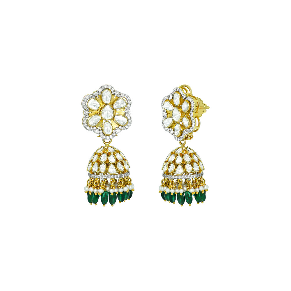 Floral Polki Jhumkis with Emerald Beads and Pearl Drops